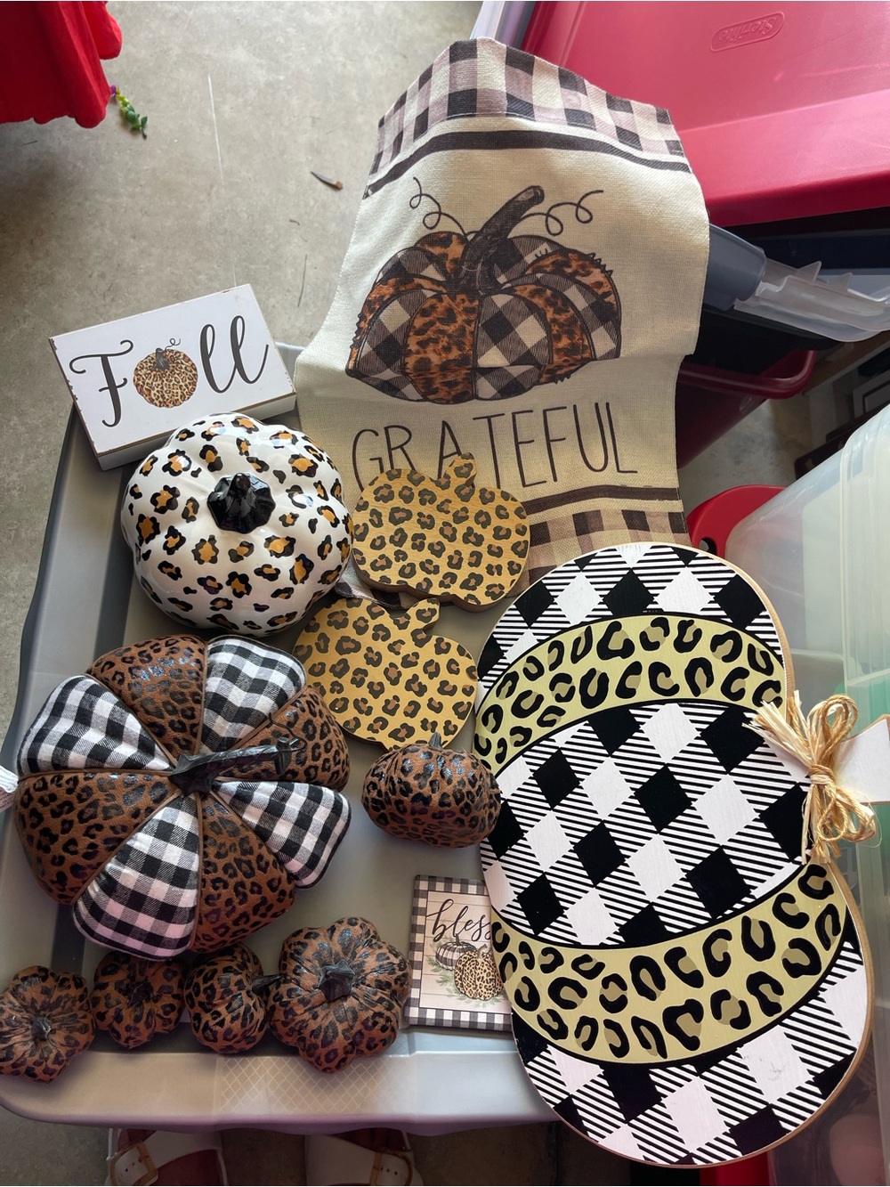 13 piece lot - leopard& checkered plaid Fall decor